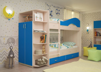 Кровать Мая двухъярусная с ящиками и шкафом Млечный дуб/Голубой в Комарье - komare.mebel54.com | фото