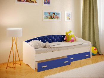 Кровать Софа-7 с мягкой спинкой со стразами (800х1900) Белый/Синий в Комарье - komare.mebel54.com | фото