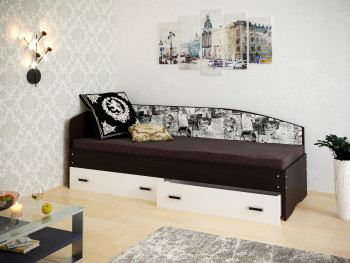 Кровать Софа-9 с мягкой спинкой с рисунком Милана (900х2000) Венге/Белый в Комарье - komare.mebel54.com | фото